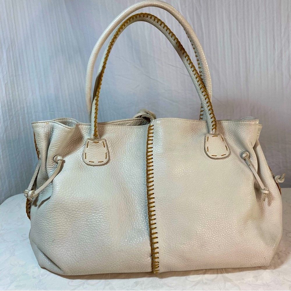 Carlos Falchi Fatto a Mano Large Bone White Leather Whipstitch Tote Shoulder Bag - Picture 3 of 15